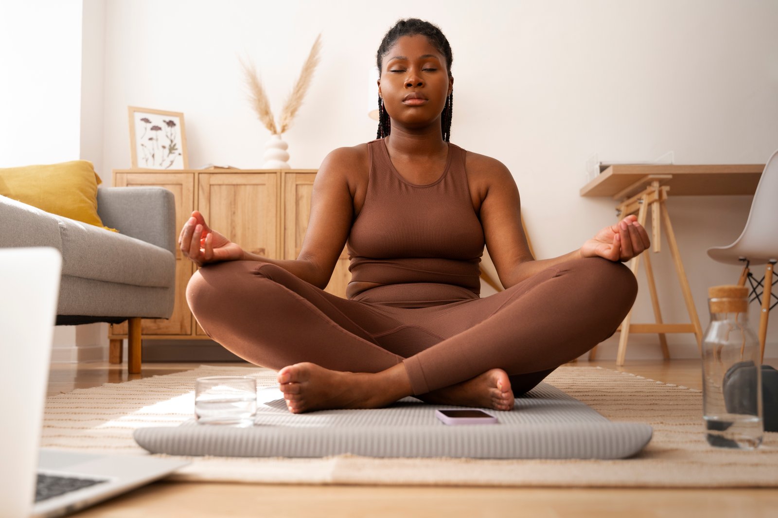 Woman meditating at sunrise